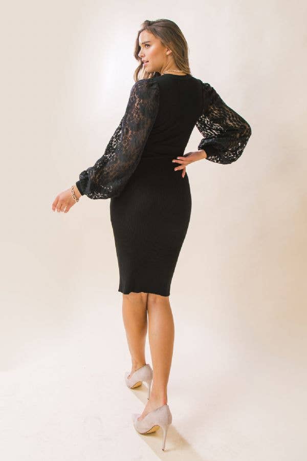 Black Rib Knit Sweater Midi Dress