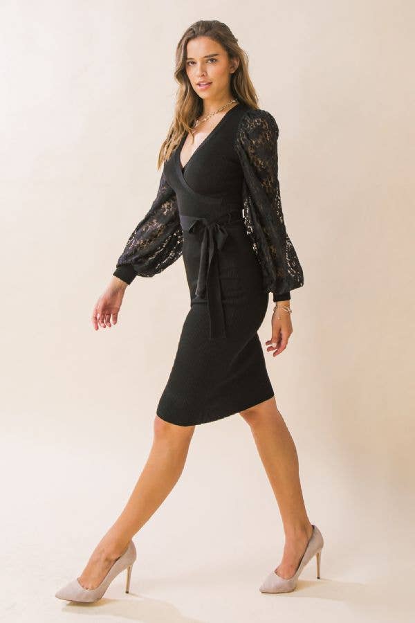 Black Rib Knit Sweater Midi Dress