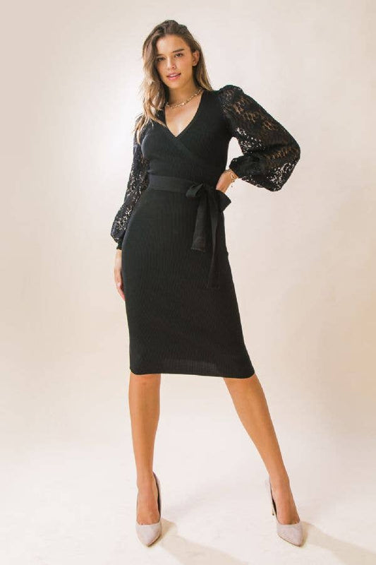 Black Rib Knit Sweater Midi Dress