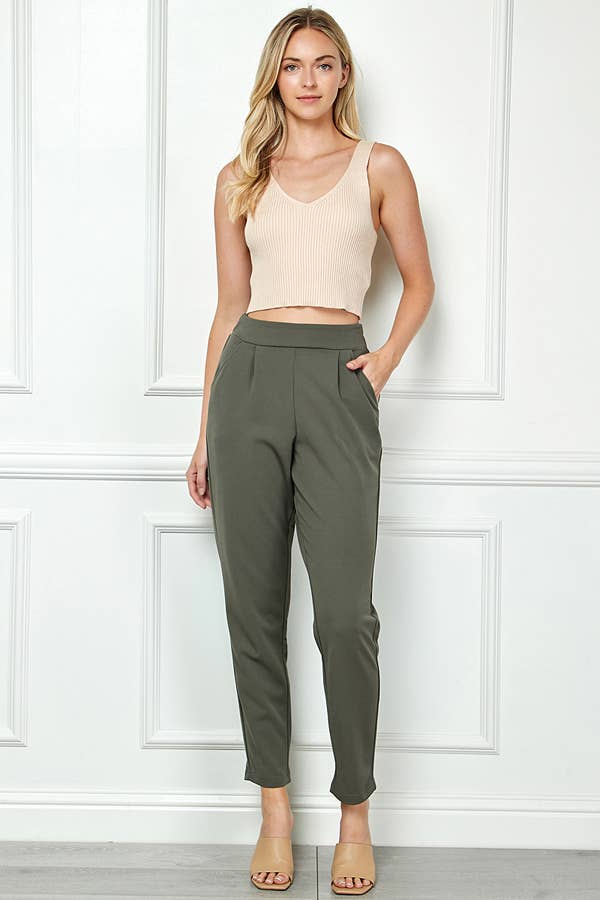 Drapey Crepe Pull-On Relaxed Tapered Pants in Olive