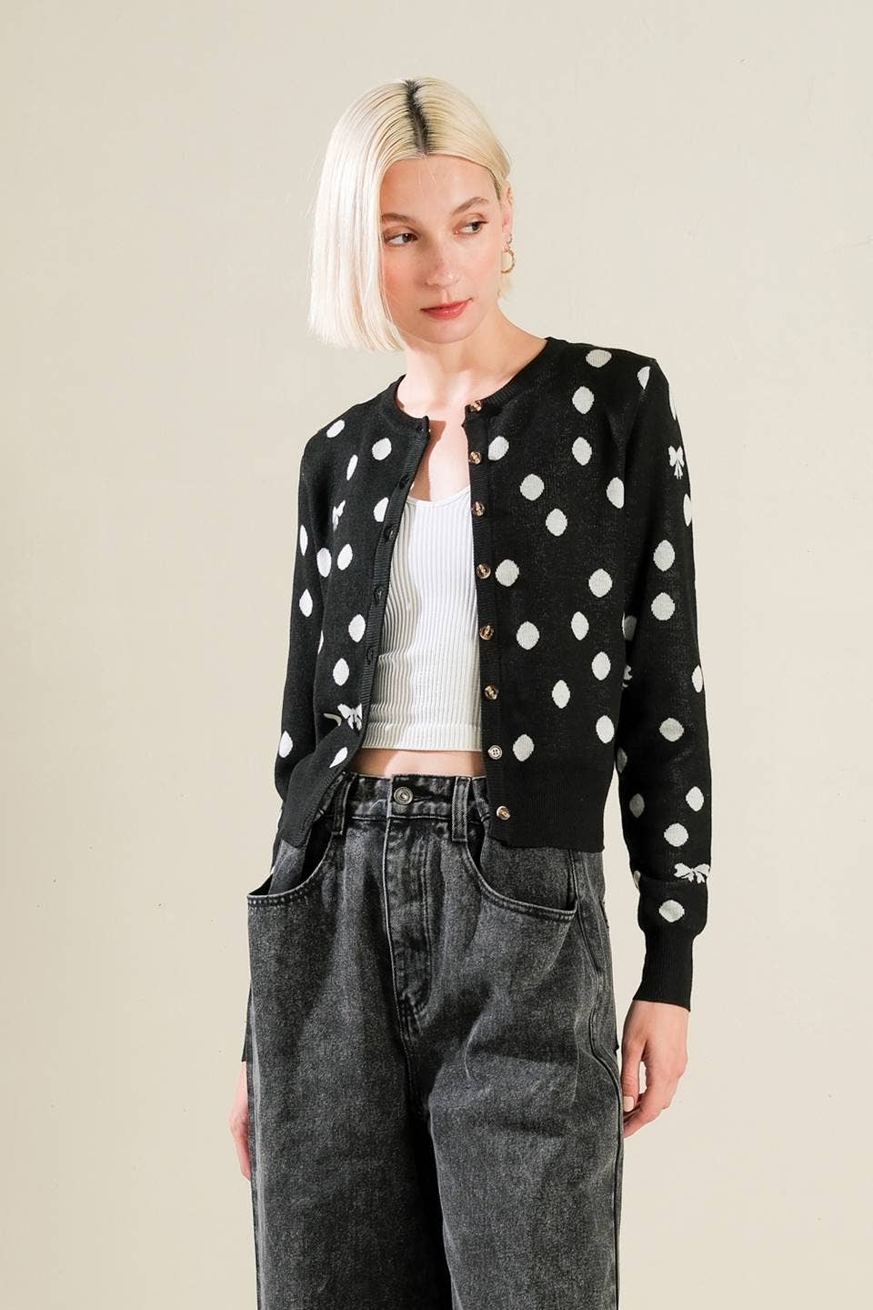 Cardigan with polka dots and bows