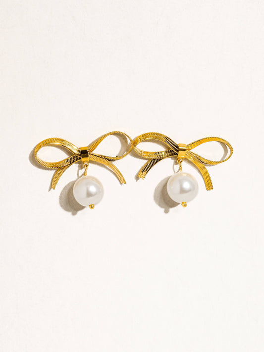 18K Gold Non-Tarnish Bow Dangle Pearl Earring