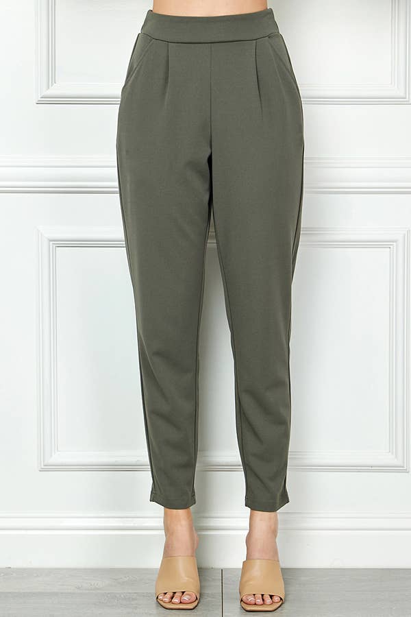 Drapey Crepe Pull-On Relaxed Tapered Pants in Olive